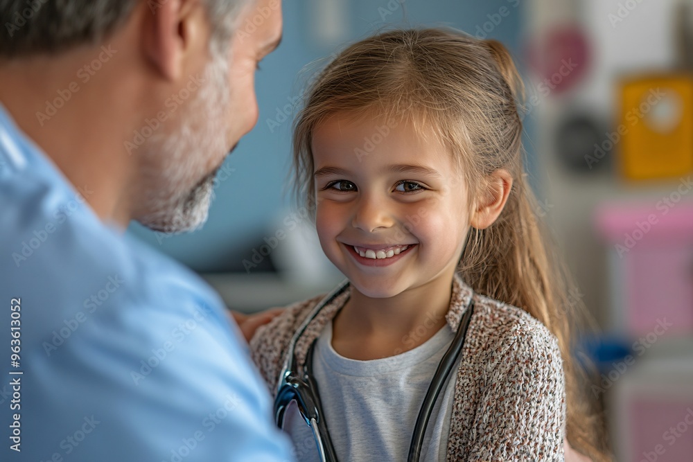 A close-up portrait of an attractive young girl smiling while the doctor is listening to her heart with a stethoscope A close-up portrait of an attractive young girl smiling while the doctor is listening to her heart with a stethoscope