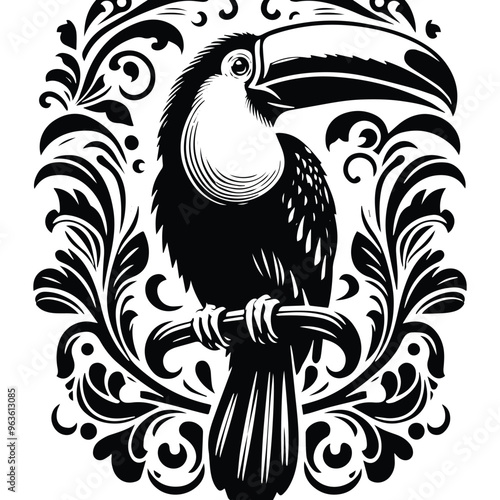 Toucan bird with victorian flourish decoration, stencil logo, black and white animal illustration