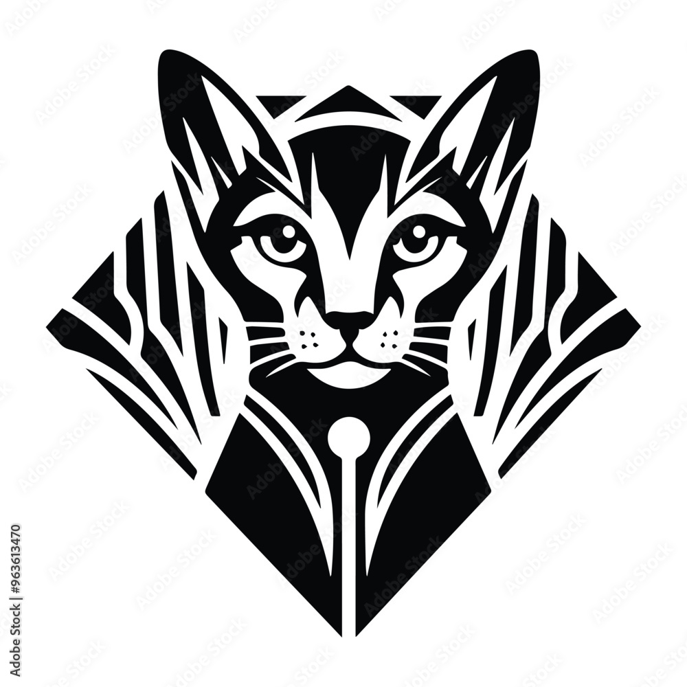 Fototapeta premium Abyssinian cat with art deco decoration, stencil logo, black and white animal illustration