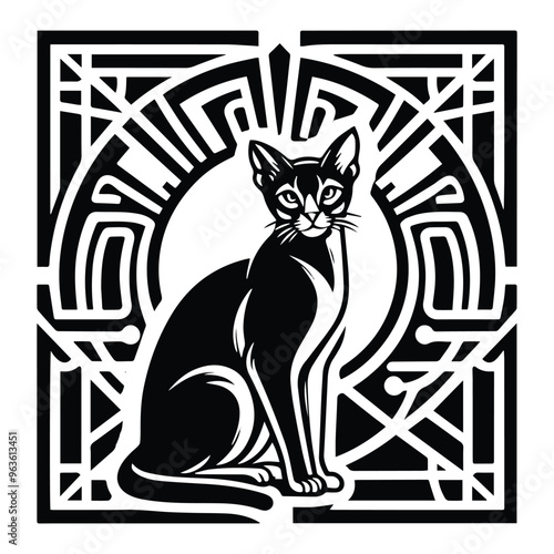 Abyssinian cat with art deco decoration, stencil logo, black and white animal illustration