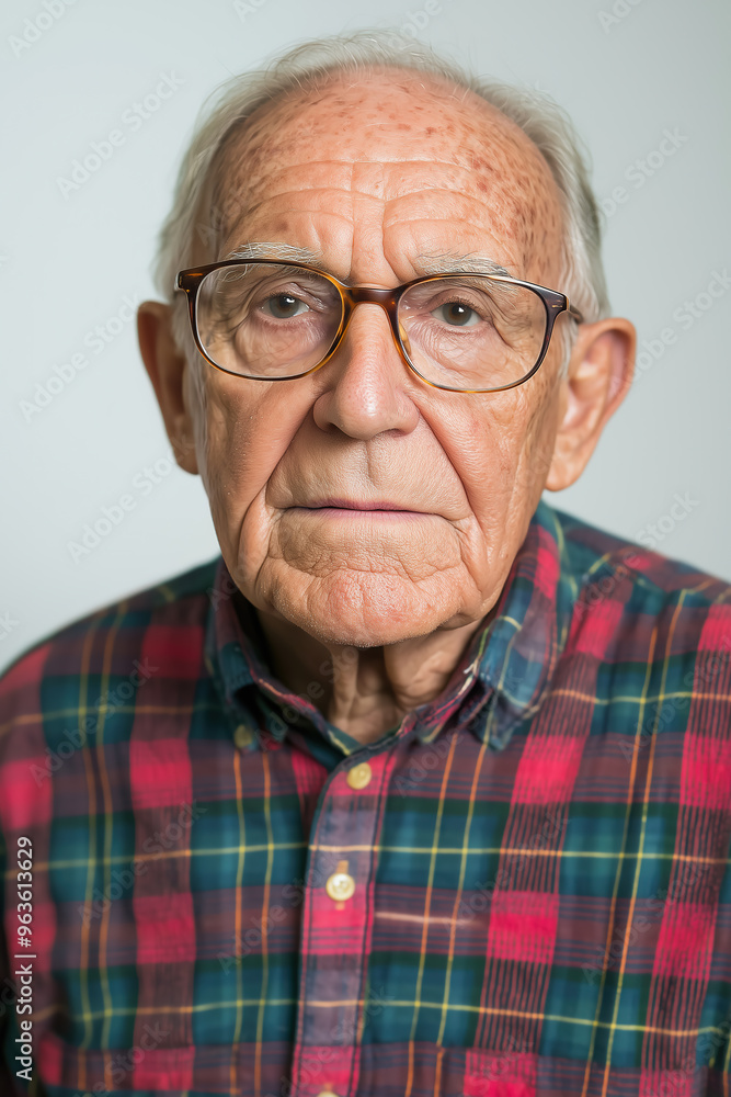 elderly man wearing glasses and wearing a plaid shirt against a white background elderly man wearing glasses and wearing a plaid shirt against a white background
