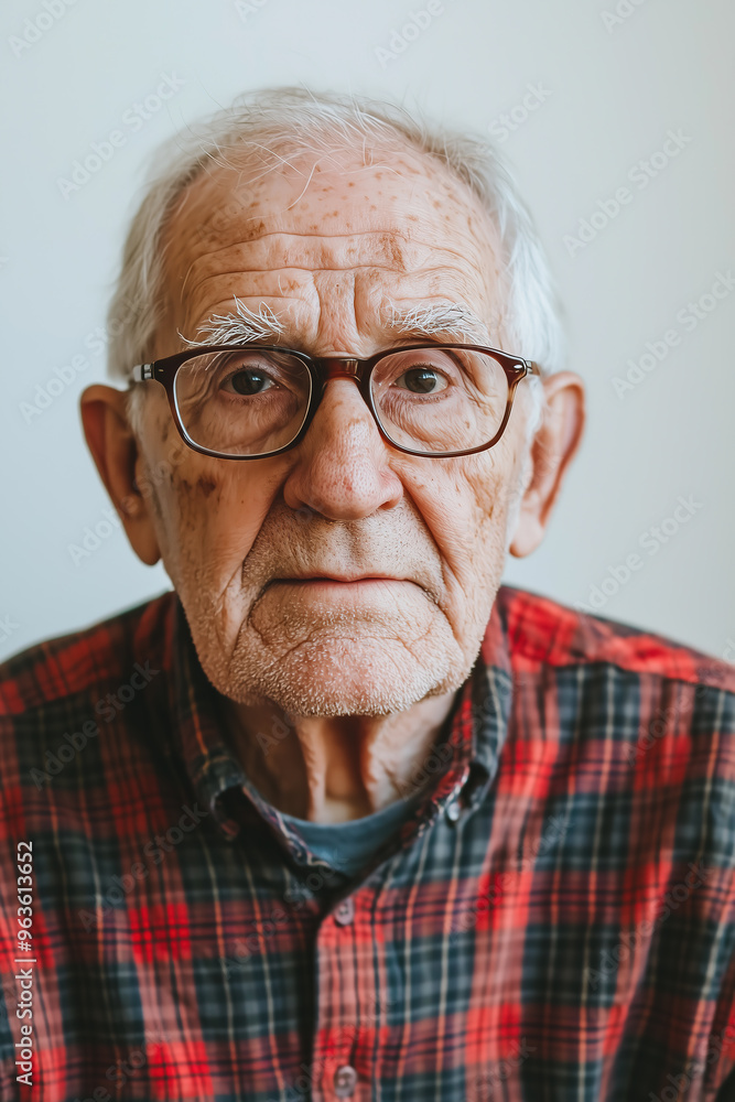 elderly man wearing glasses and wearing a plaid shirt against a white background elderly man wearing glasses and wearing a plaid shirt against a white background