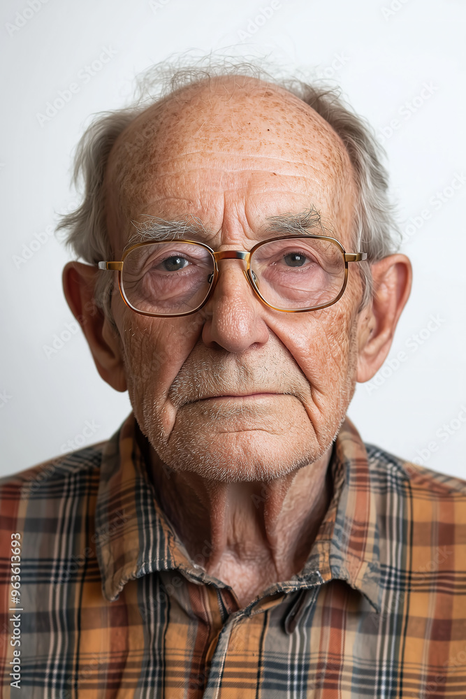 elderly man wearing glasses and wearing a plaid shirt against a white background elderly man wearing glasses and wearing a plaid shirt against a white background