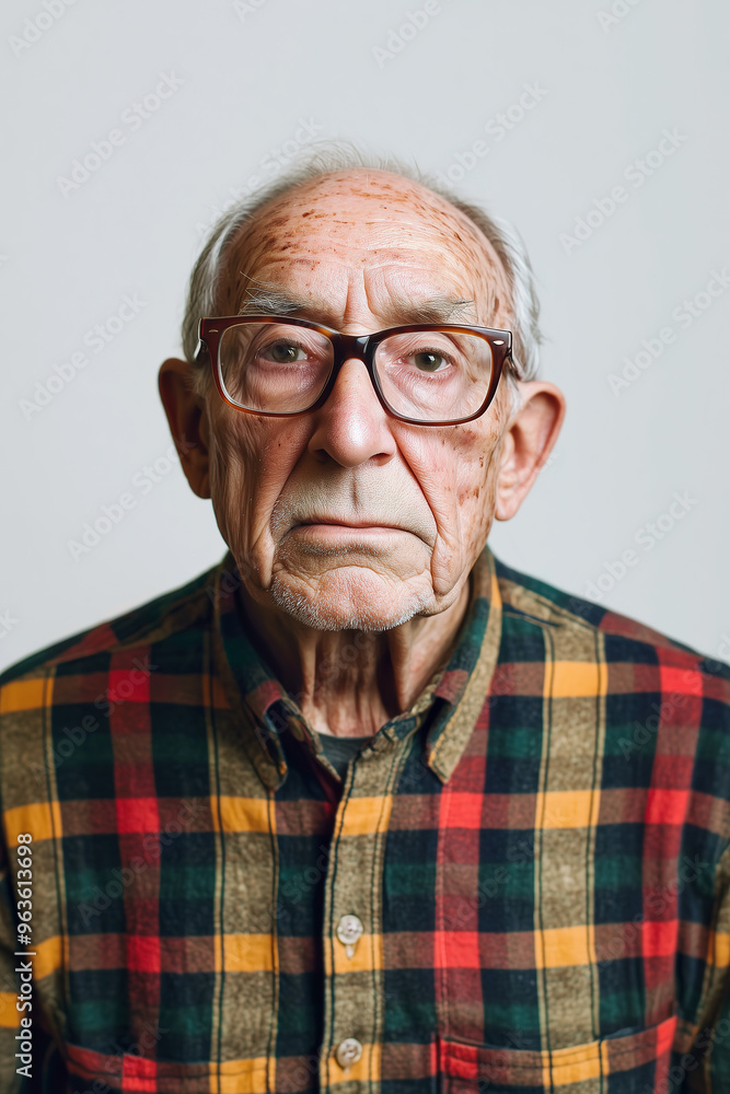 elderly man wearing glasses and wearing a plaid shirt against a white background elderly man wearing glasses and wearing a plaid shirt against a white background