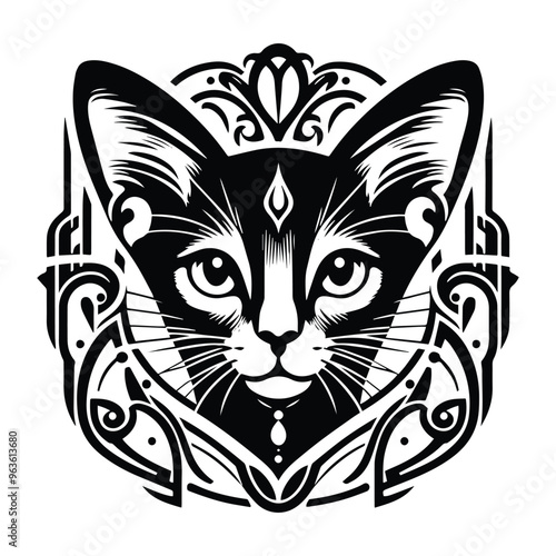 Abyssinian cat with art nouveau decoration, stencil logo, black and white animal illustration