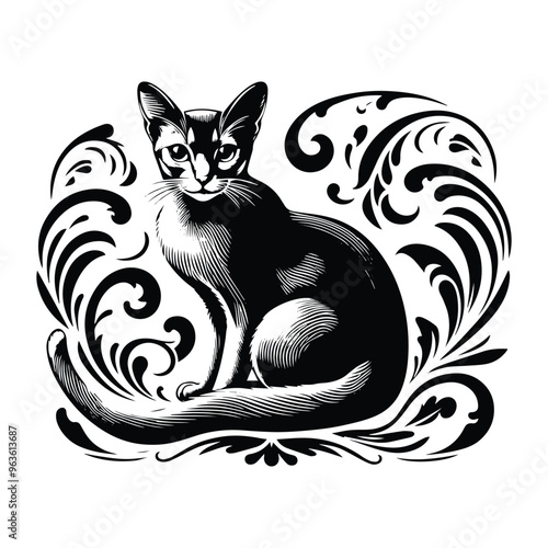 Abyssinian cat with victorian flourish decoration, stencil logo, black and white animal illustration