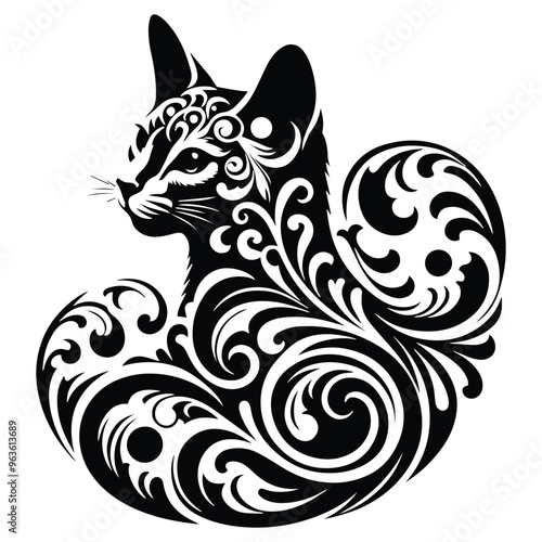 Wallpaper Mural Abyssinian cat with victorian flourish decoration, stencil logo, black and white animal illustration Torontodigital.ca