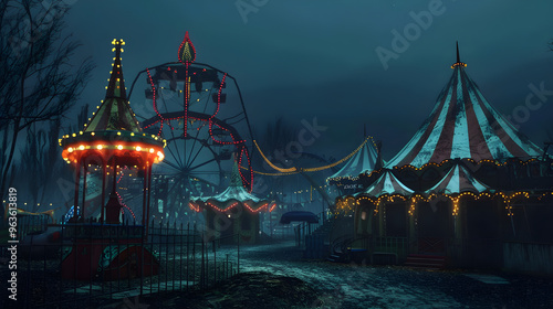 Sinister circus performers surround a creepy carnival, creating an atmosphere of suspense and unease.