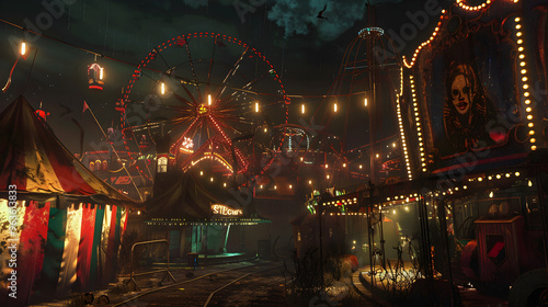 A dark and eerie carnival with sinister circus performers lurking in the shadows at night.