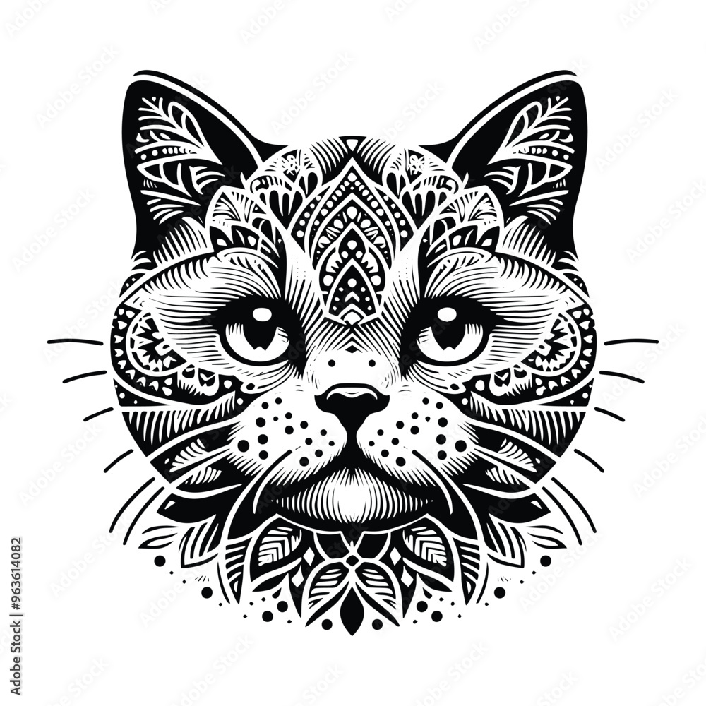 Obraz premium British Shorthair in zentangle art, stencil logo, black and white animal illustration
