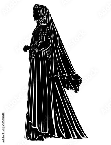 Elegant Muslim Woman in Flowing Hijab, Black and White Silhouette Vector Illustration. Editable and Scalable EPS File, Perfect for Graphic Design, Print, Engraving, cutting, etc