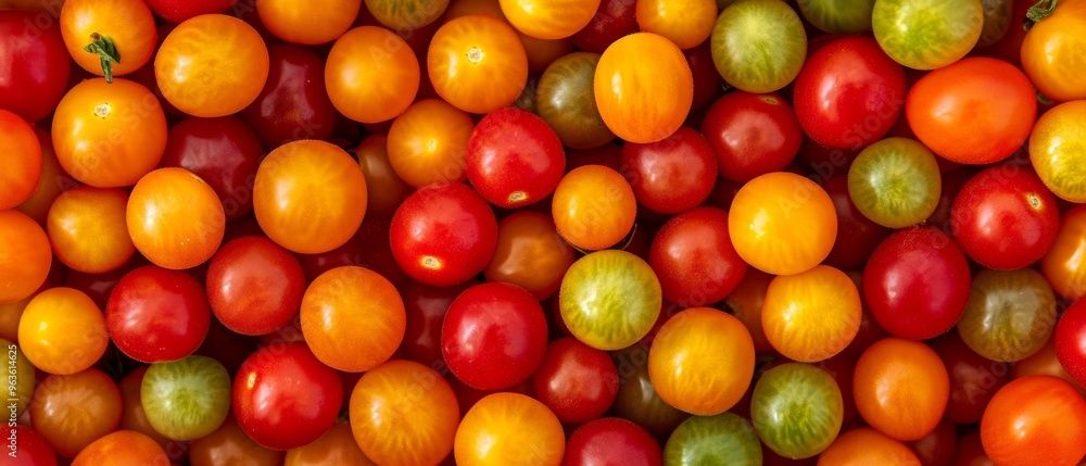 A bunch of tomatoes in various colors, including red, orange, and green A bunch of tomatoes in various colors, including red, orange, and green