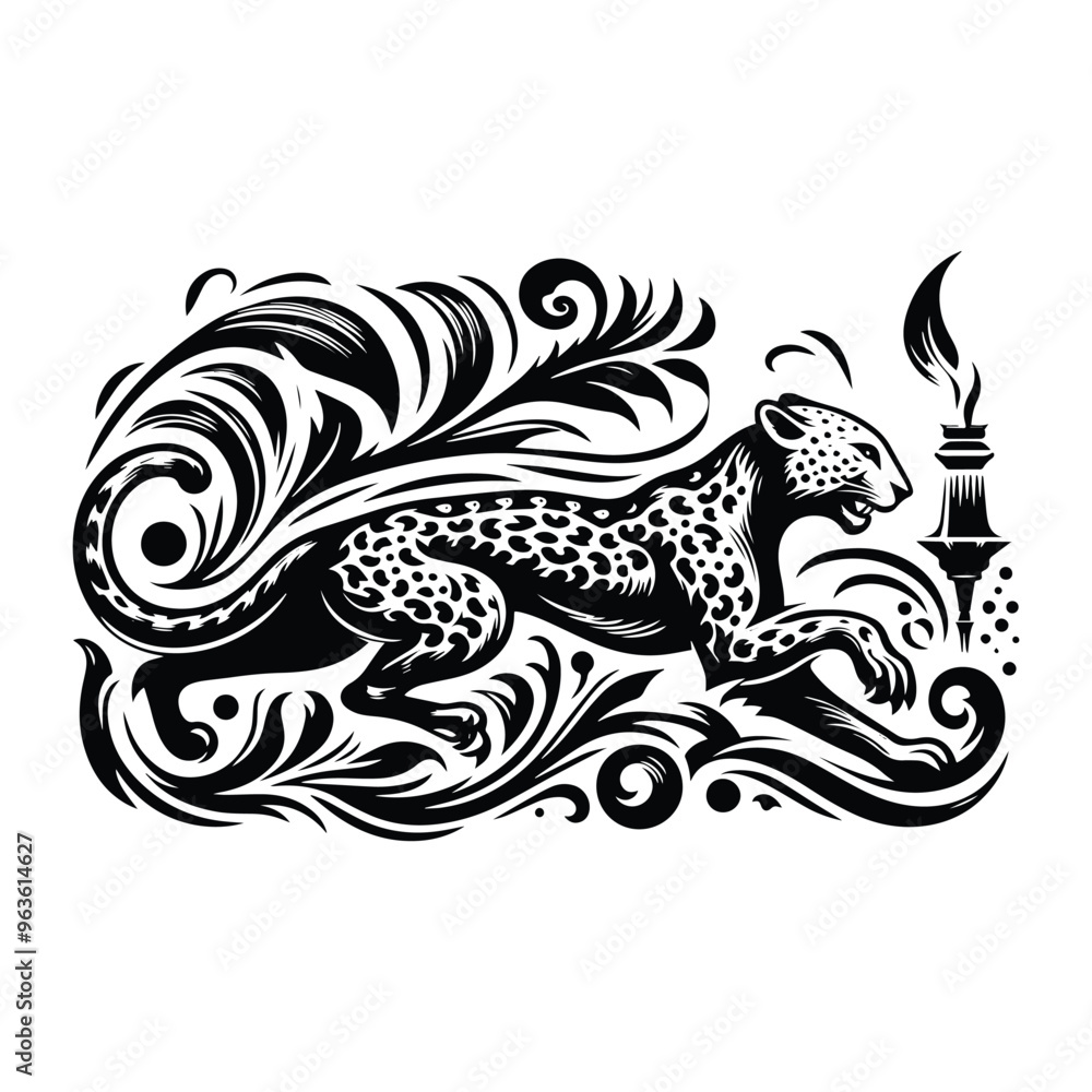 Cheetah with victorian flourish decoration, stencil logo, black and white animal illustration Cheetah with victorian flourish decoration, stencil logo, black and white animal illustration