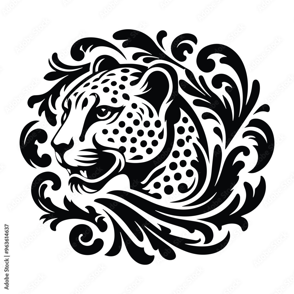 Obraz premium Cheetah with victorian flourish decoration, stencil logo, black and white animal illustration