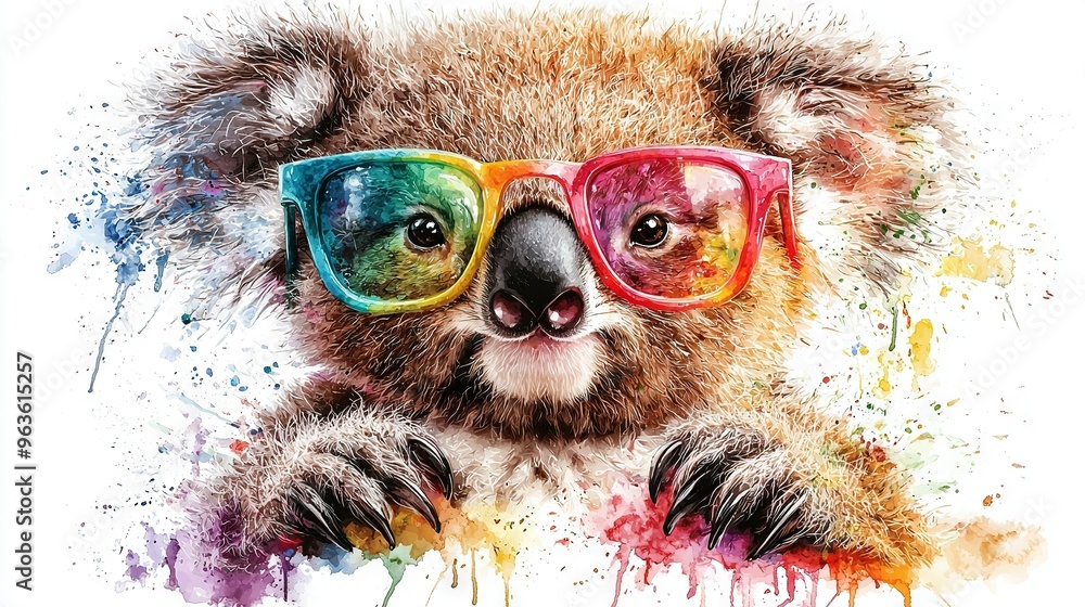 A painting depicts a koala wearing glasses and sporting a splash of paint on its facial side A painting depicts a koala wearing glasses and sporting a splash of paint on its facial side