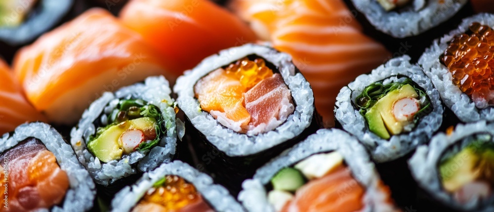A plate of sushi with a variety of ingredients including avocado, shrimp A plate of sushi with a variety of ingredients including avocado, shrimp
