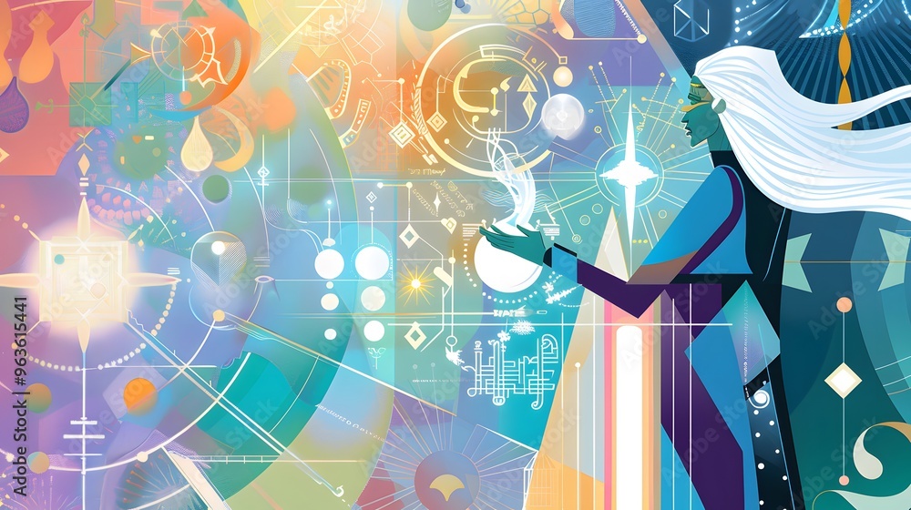 Mystical Woman Holding a Glowing Orb Against a Colorful Geometric Background Mystical Woman Holding a Glowing Orb Against a Colorful Geometric Background