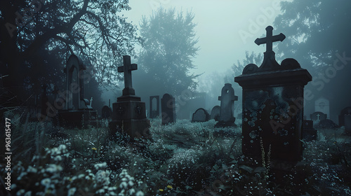 Spooky graveyard scene with tombstones crooked and seemingly placed at random in dark cemetery. photo