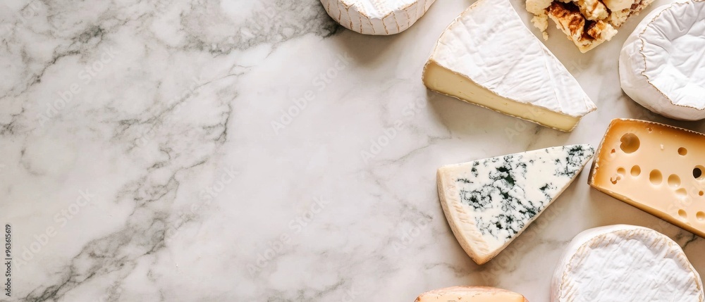 A marble countertop with a variety of cheeses on it A marble countertop with a variety of cheeses on it