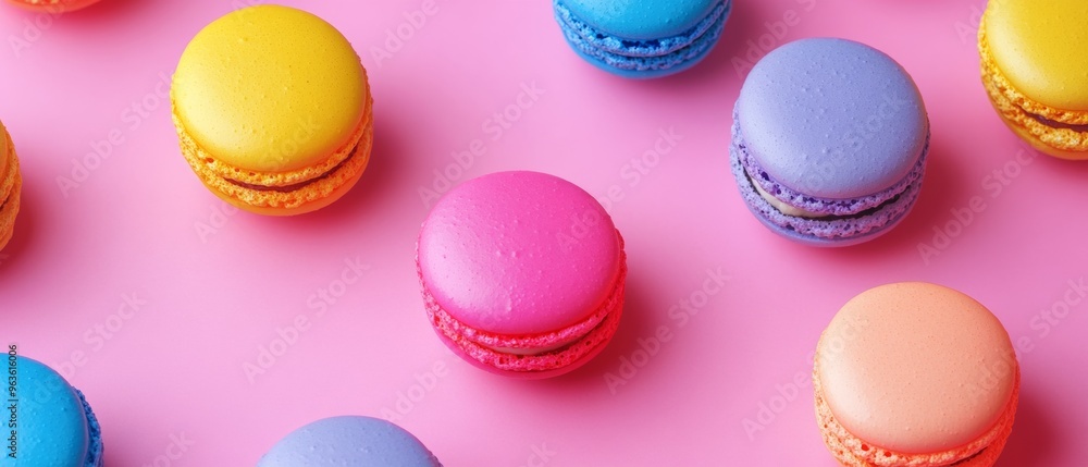 Fototapeta premium A row of colorful macarons on a pink background