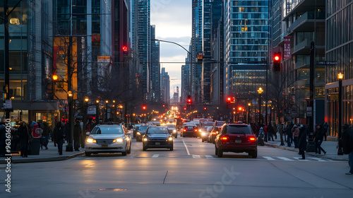 Cityscape with Traffic Skyscrapers and Pedestrians at Dusk