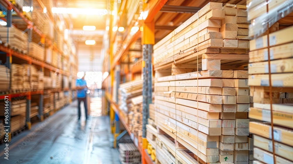 Fototapeta premium A warehouse in a sawmill or carpenter's shop is filled with rows of wooden planks. Building material. Drying of untreated wood in a lumber yard. Woodworking industry. Illustration for varied design.