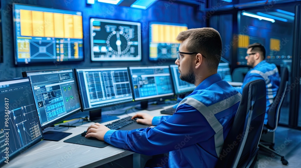 A technical engineer observes the production process through multiple monitors. Innovative technology in the industry. Software for professionals. Design for poster, cover, brochure or presentation. A technical engineer observes the production process through multiple monitors. Innovative technology in the industry. Software for professionals. Design for poster, cover, brochure or presentation.