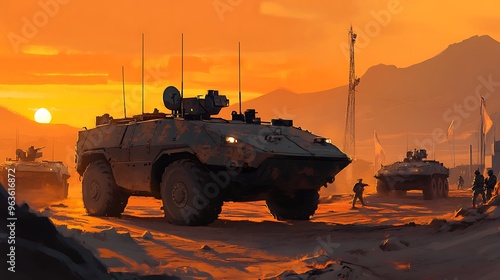 Military Vehicles at Sunset in Desert Landscape