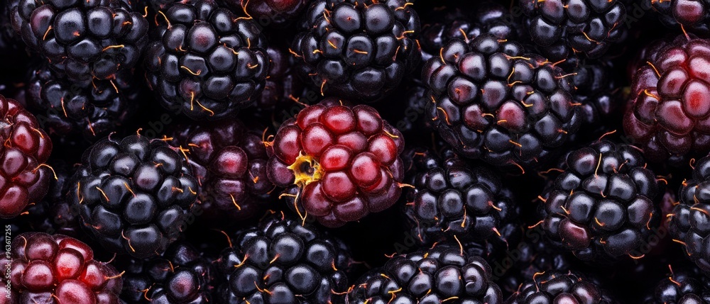 A close up of black berries with a small red one in the middle A close up of black berries with a small red one in the middle