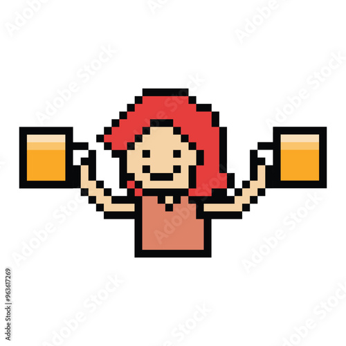 Cute pixel cartoon 8bit character woman drink beer alcohol party hangout lifestyle decoration life style 8 bit female girl drinking beer isolated png vector.