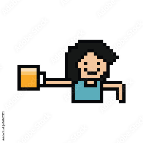 Cute pixel cartoon 8bit character woman drink beer alcohol party hangout lifestyle decoration life style 8 bit female girl drinking beer isolated png vector.