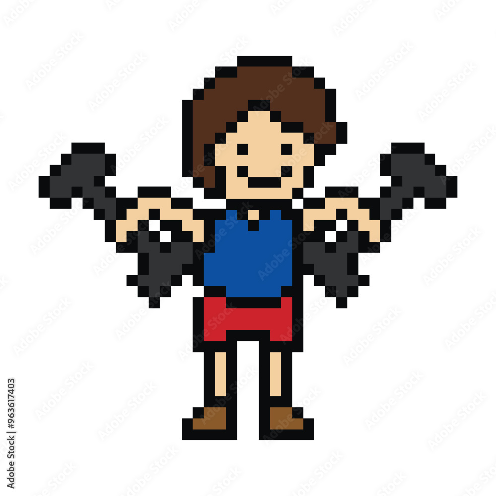 Cute pixel cartoon 8bit character man weight training with dumbbell lifestyle lifting gym decoration life style 8 bit male boy weight fitness isolated PNG vector. Cute pixel cartoon 8bit character man weight training with dumbbell lifestyle lifting gym decoration life style 8 bit male boy weight fitness isolated PNG vector.