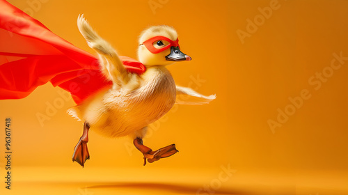 Adorable duckling in superhero gear flying through the sky with a cape and mask. photo