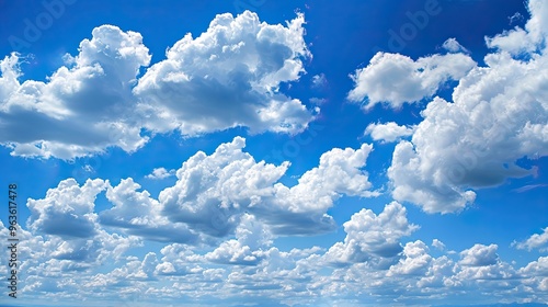 Fototapeta Naklejka Na Ścianę i Meble -  The blue sky is filled with fluffy white clouds. The weather conditions. Background of nature. Illustration for cover, postcard, interior design, banner, poster, brochure or presentation.