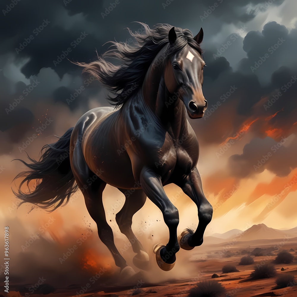 Black Stallion Galloping Through a Desert Sunset Black Stallion Galloping Through a Desert Sunset