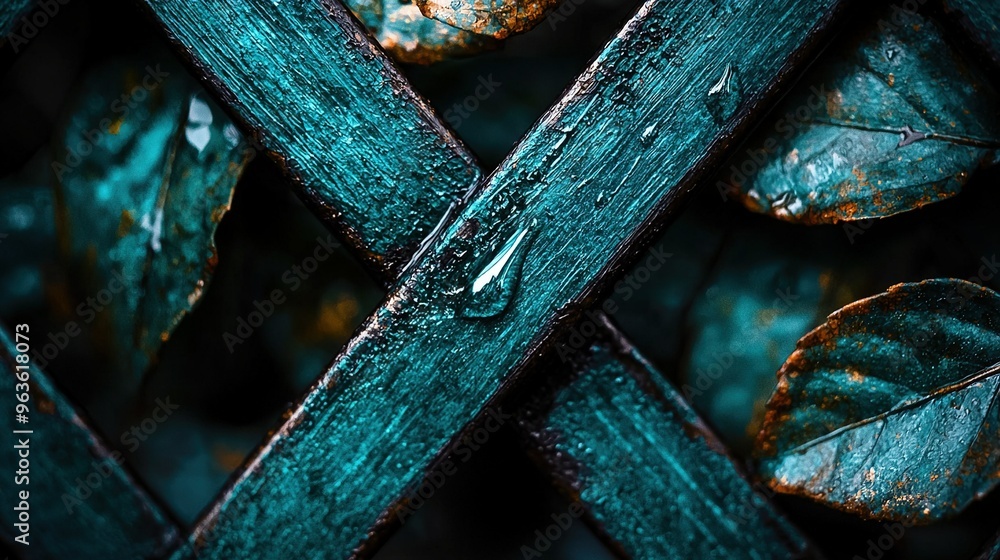 A photo of a close-up leafy plant with water droplets on its leaves and a green metal fence in the background A photo of a close-up leafy plant with water droplets on its leaves and a green metal fence in the background