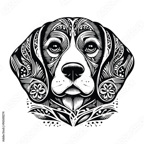 Beagle dog in zentangle art, stencil logo, black and white animal illustration
