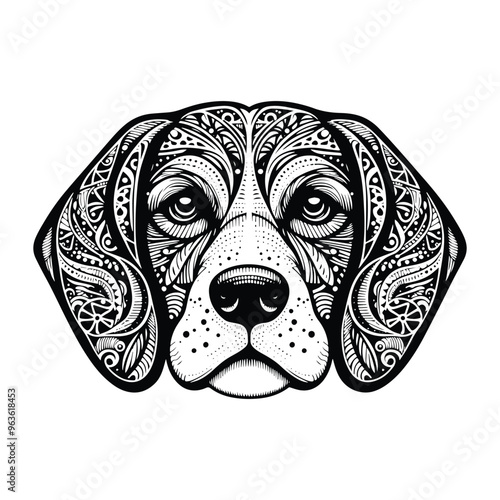 Beagle dog in zentangle art, stencil logo, black and white animal illustration