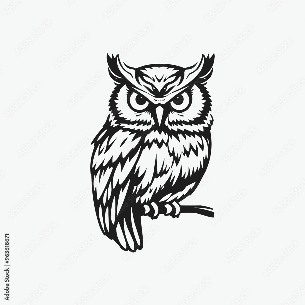 Naklejka premium owl vector mascot logo illustration. sharp eye intelligent educational owl. white background owl editable vector file for badge, emblem and tshirt printing.. silhouette and clip art black and white o