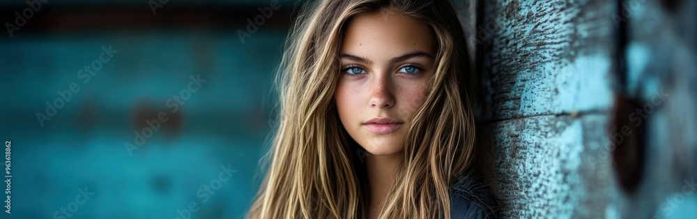Portrait of a young woman against a rustic blue wooden background Portrait of a young woman against a rustic blue wooden background