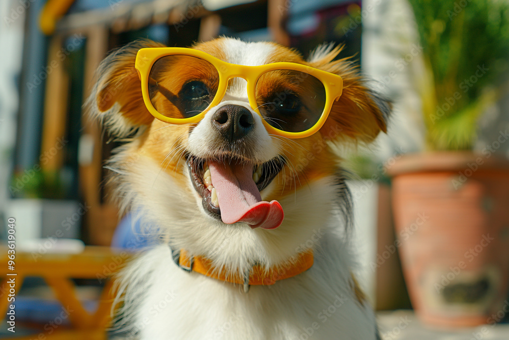 A whimsical image of a dog wearing yellow sunglasses, joyfully sticking out its tongue at a party A whimsical image of a dog wearing yellow sunglasses, joyfully sticking out its tongue at a party