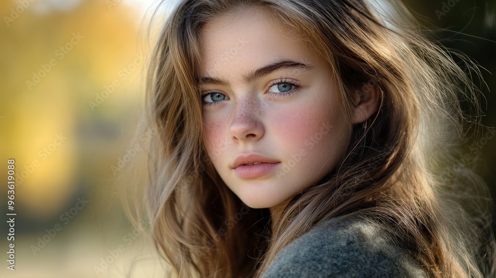 Fototapeta premium Young woman with long hair and blue eyes outdoors in soft sunlight