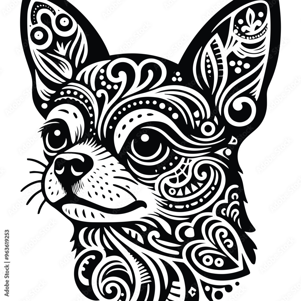 chihuahua dog in zentangle art, stencil logo, black and white animal illustration
