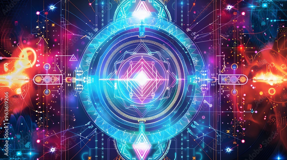 Fototapeta premium Abstract Geometric Pattern with Neon Lights and Circular Shapes