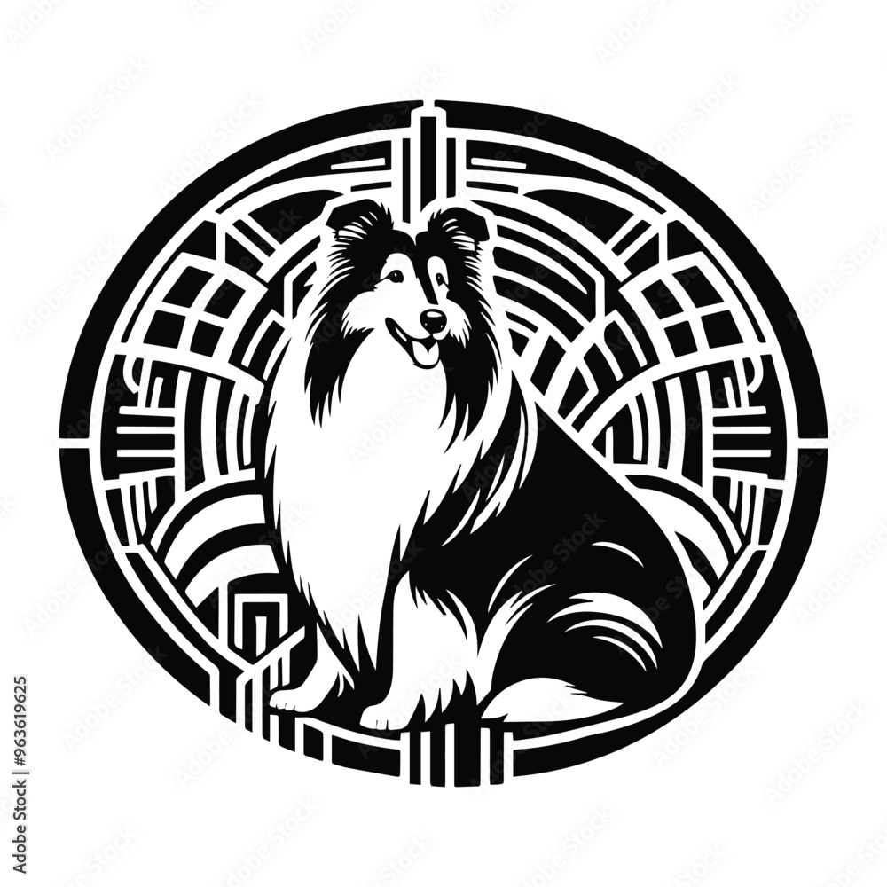 Fototapeta premium collie dog with art deco decoration, stencil logo, black and white animal illustration