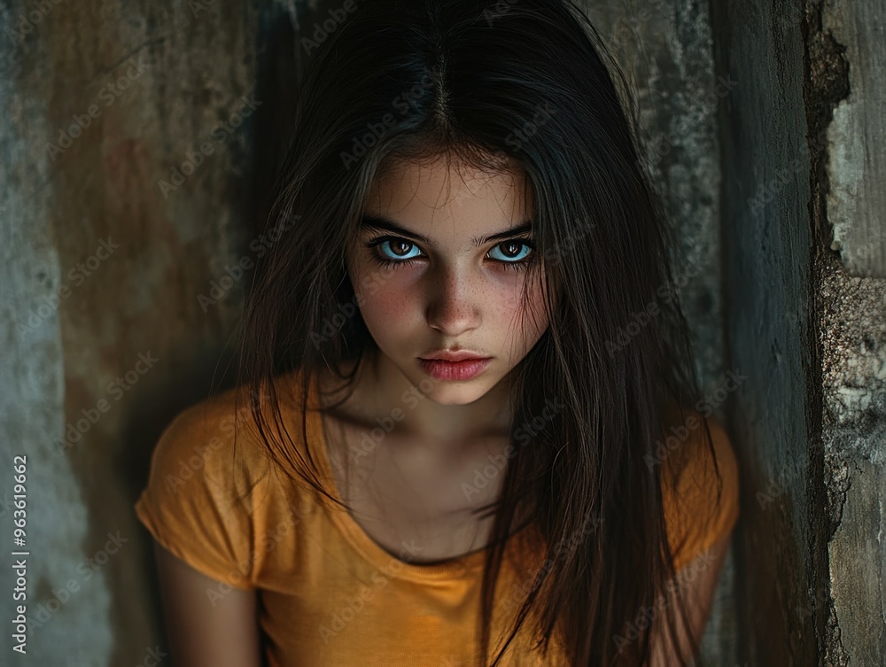 Girl with striking eyes poses by a textured urban wall Girl with striking eyes poses by a textured urban wall