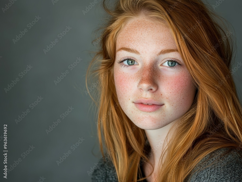 Young woman with freckles and red hair gazing thoughtfully at the camera Young woman with freckles and red hair gazing thoughtfully at the camera