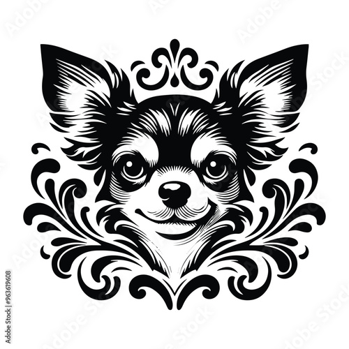chihuahua dog with victorian flourish decoration, stencil logo, black and white animal illustration