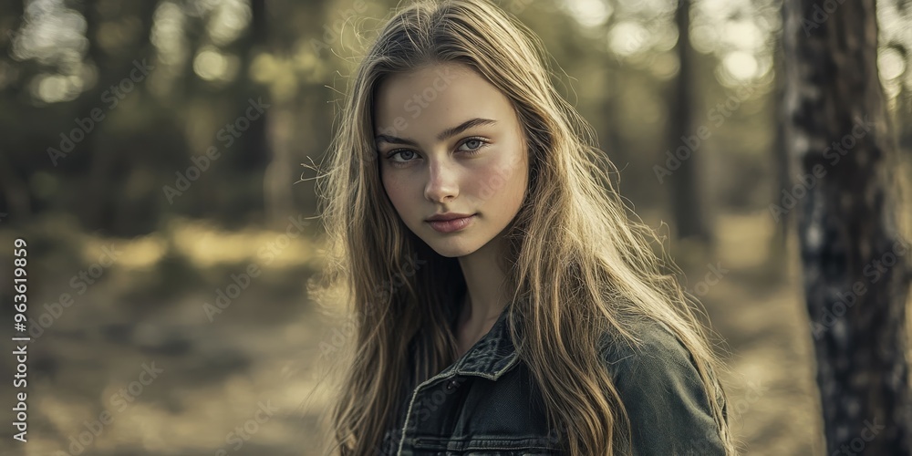 A young woman stands in a sunlit forest, surrounded by trees A young woman stands in a sunlit forest, surrounded by trees