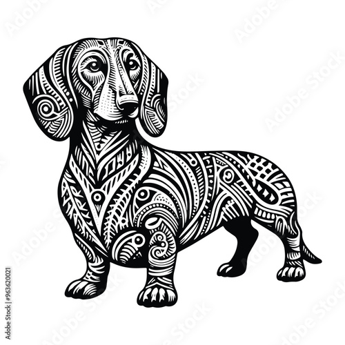 Dachshund dog in zentangle art, stencil logo, black and white animal illustration